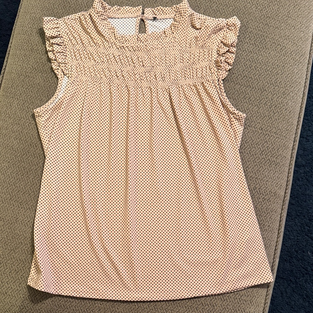 Like-New Pink Polka Dot Sleeveless Ruffle Neck Blouse